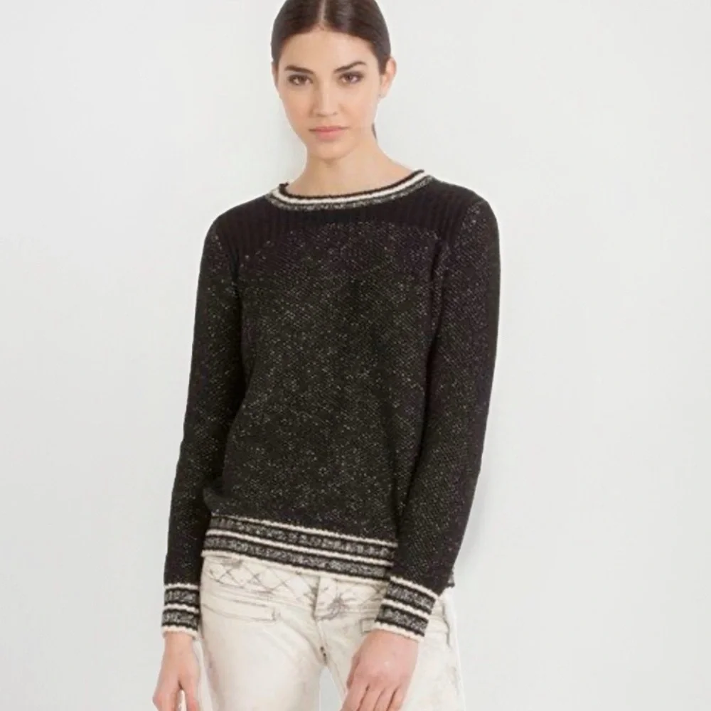 MAJE FIERE black knit white stripe trim crewneck zipper shoulder detail sweater - Picture 12 of 12